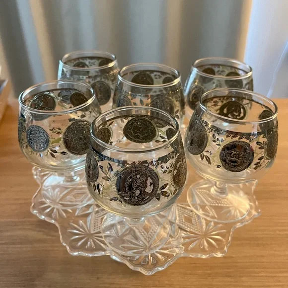 Culver Cocktail Glasses Set of 6 Midas Silver Coin Design