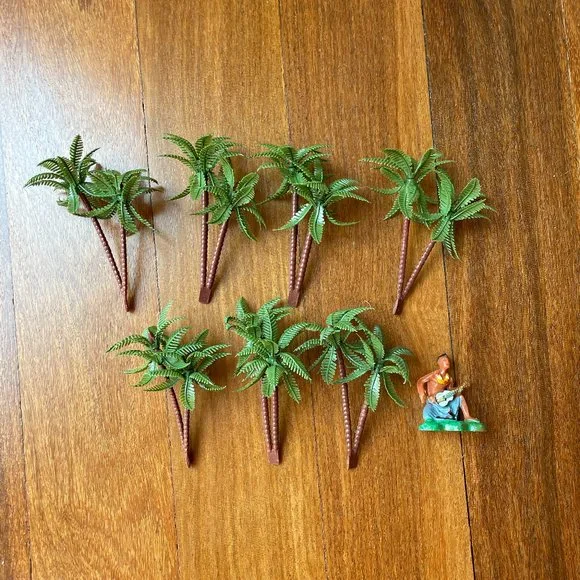 Seven (7) Palm Tree Sets and Hawaiian Ukulele Playing Man Plastic Cake Toppers