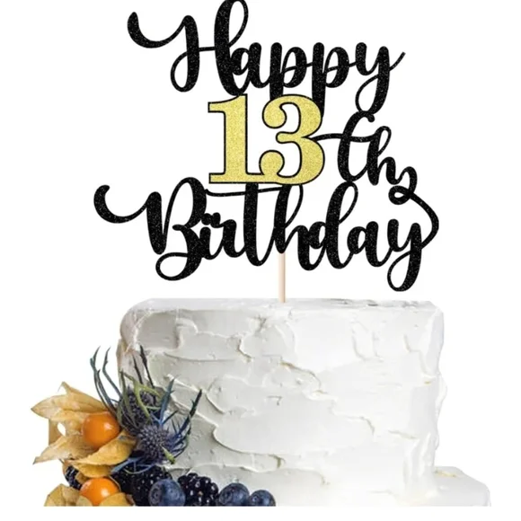 Black and Gold Happy 13th Birthday Cake Topper Lot Of 2 Packs