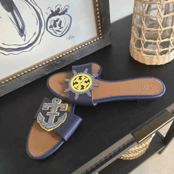 Tory Burch Navy Leather Maritime Slide Sandals 10