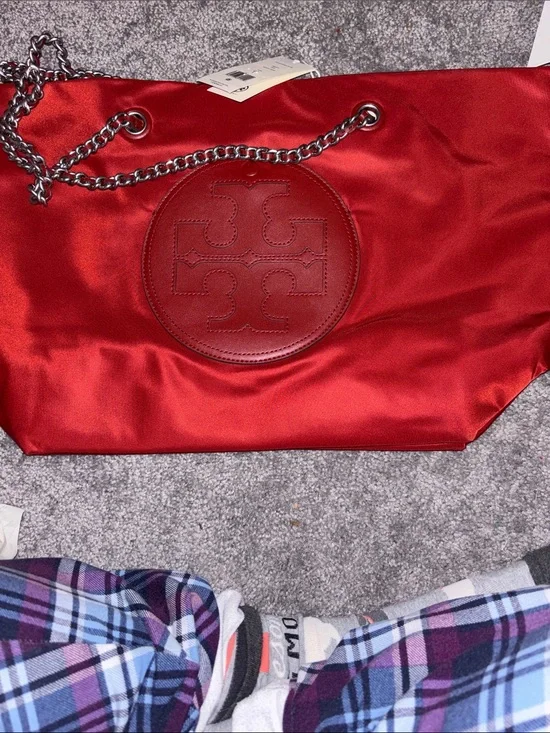 Tory Burch Red Satin Tote with Embossed Logo and Silver Chain