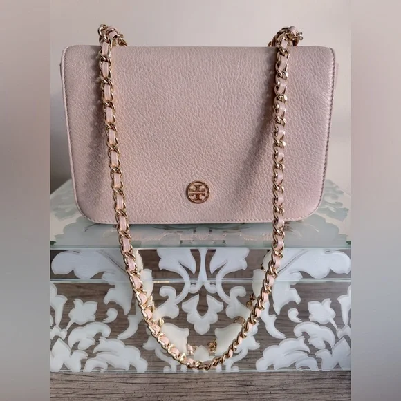 Tory Burch Light Pink Flap Shoulder Bag Convertible Crossbody Oak Pebble Leather