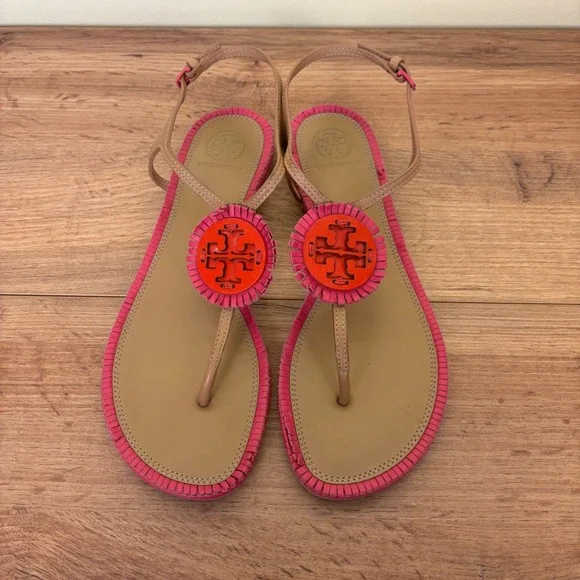 TORY BURCH Miller Fringe Thong Flat Sandals Dusty Cypress/Hibiscus Women Size 7