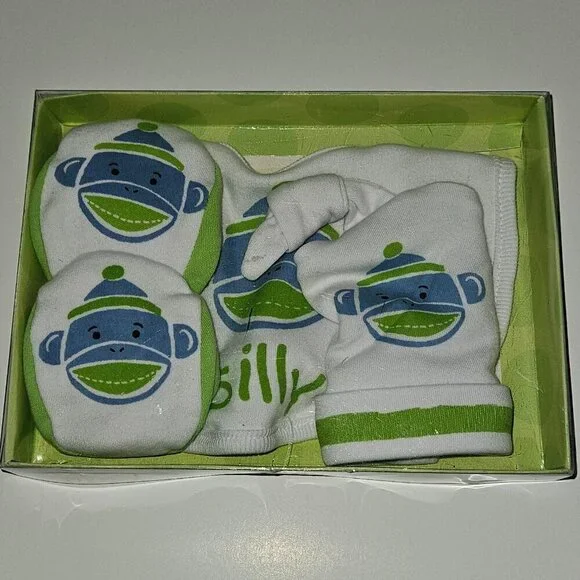 NEW Monkeez & Friends Gift Set Baby 3-6 Months Sock Monkey Hat Booties Bib Lot
