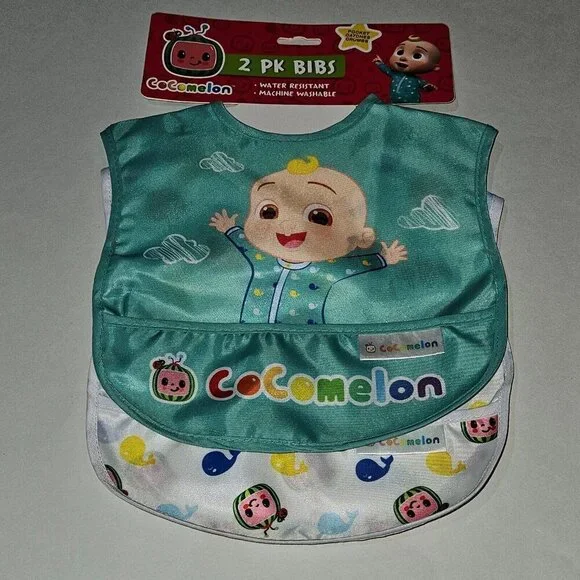 NEW 2-pack Cocomelon Bibs Crumb Catcher Pockets Water Resistant Dreamgro