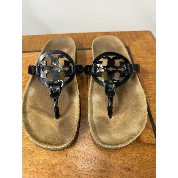 Tory Burch Miller Cloud Sandals Womens 8 Perfect Black Patent Leather Logo Thong