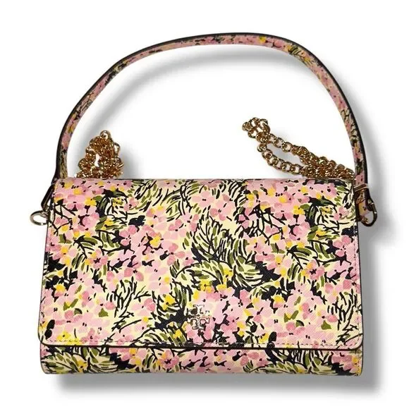Tory Burch Beige Floral Print Leather Gemini Shoulder Bag