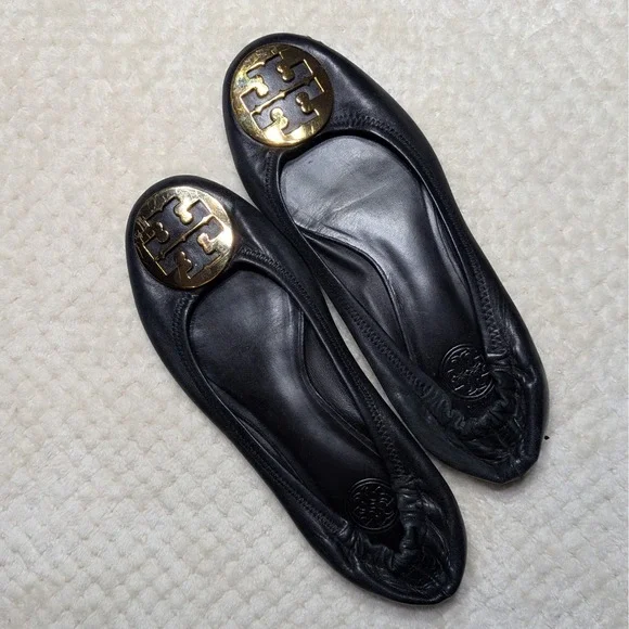 Tory Burch Black‎ Leather Reva Ballet Flats Read