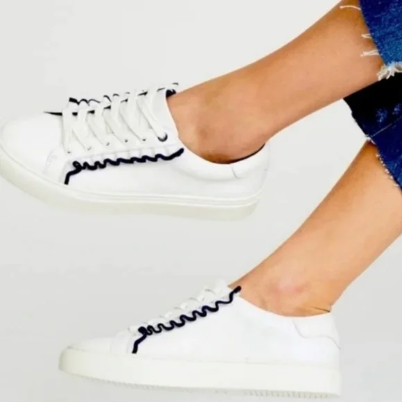 Tory Burch Women's‎ White Leather Sneakers with Navy Blue Ruffle Trim. Size
