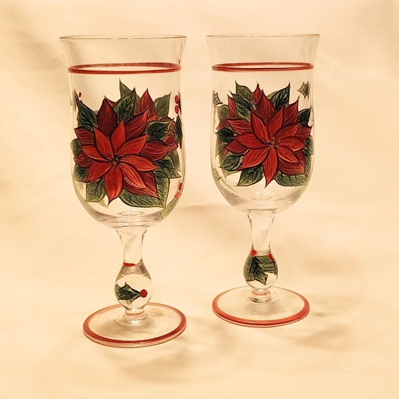 Poinsettia Christmas Wine Glasses. Vivid Red And Green Accents. Set Of 2.