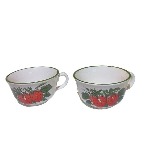 VTG Large Jumbo Cup Bowl Soup Side Handle Strawberries Hand Painted Japan #2 Set