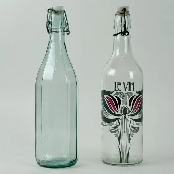 Art Nouveau Le Vin Wine Bottle Set Ceramic Topper Glass Pair 12.5”