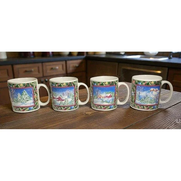 Vintage Sakura Christmas Scene Mugs by Sue Zipkin – Set of 4 (1995)