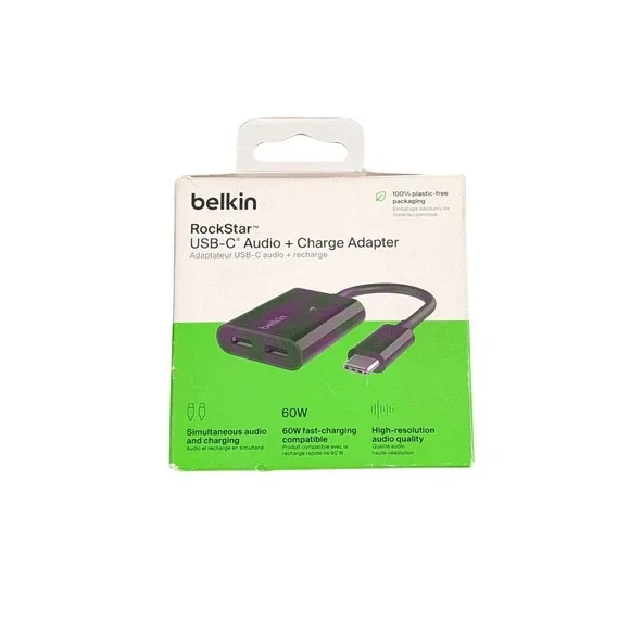 Cc8O Belkin RockStar USB-C Audio‎ with USB-C Charge Adaptor, 60W, Black