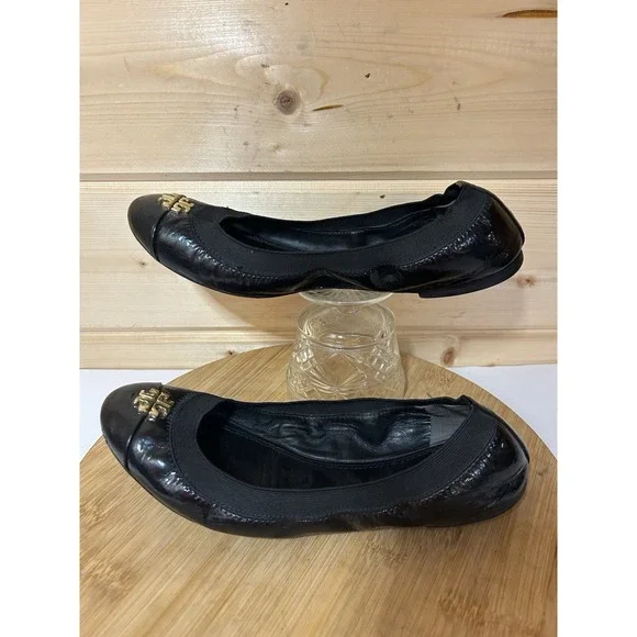 TORY BURCH Jolie Leather Double T Ballet Flats Women's Size 7.5M Black EUC