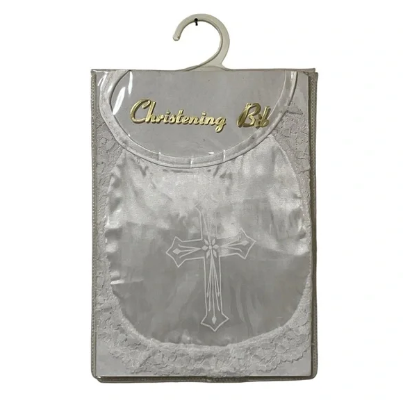 NEW Christening Bib Cross Lace Trim Baptism Bib
