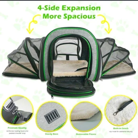 4-side Expandable Pet Animal Dog Carrier with Fleece Pad; mint green