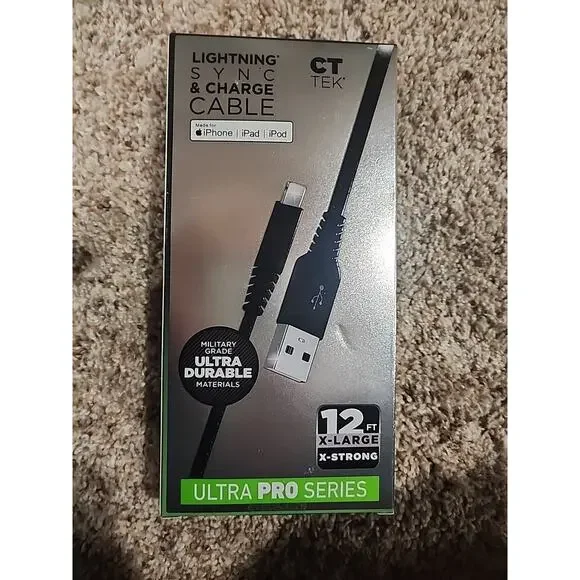 CT Tek Lightning Sync & Charge Cable Military Grade Durable 12 Ft MFi Certified
