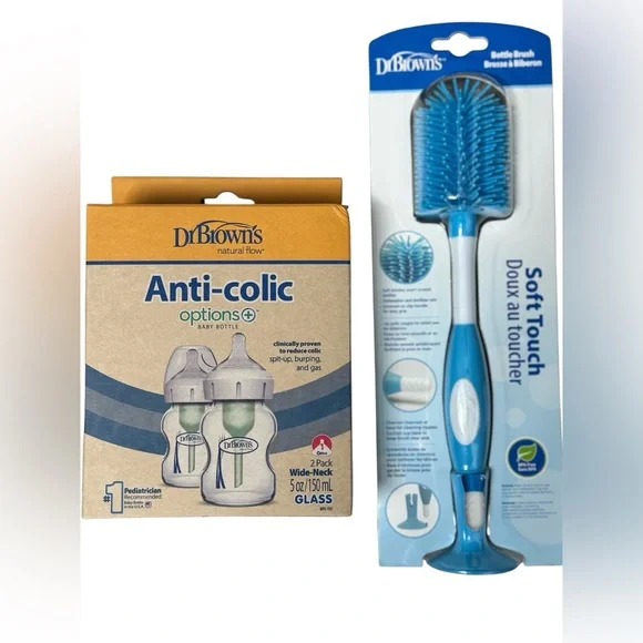 NWT Dr. Brown's GLASS Anti-Colic Baby Bottles, 5 oz. 2 pk. and Bottle Brush Set