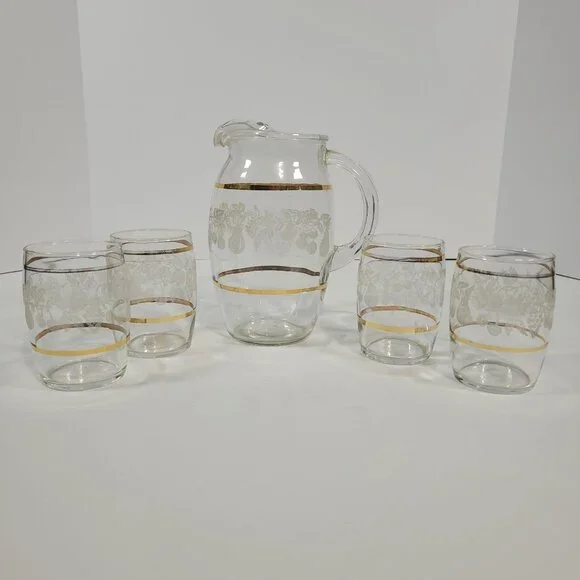 Vintage Juice Set Bartlett Collins Glass Pitcher 4 Glasses Golden Fruit Pattern‎