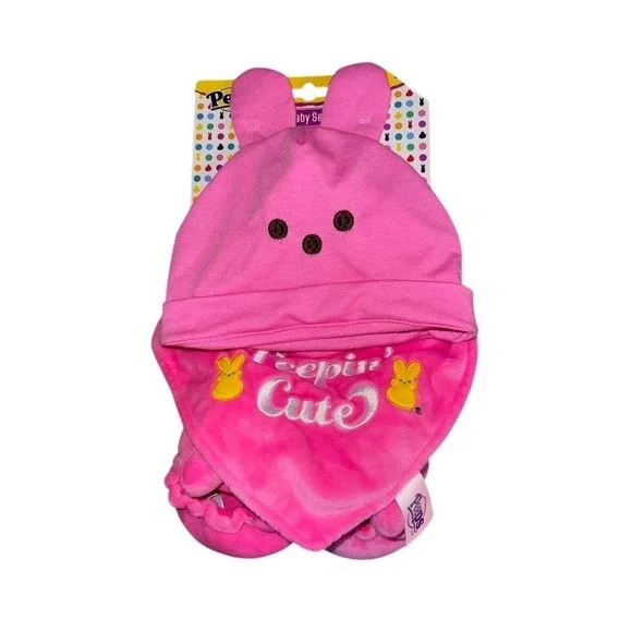 Peeps‎ Peepin' Cute Baby 3-Piece Set Pink Bunny Ears Hat Bib Slippers