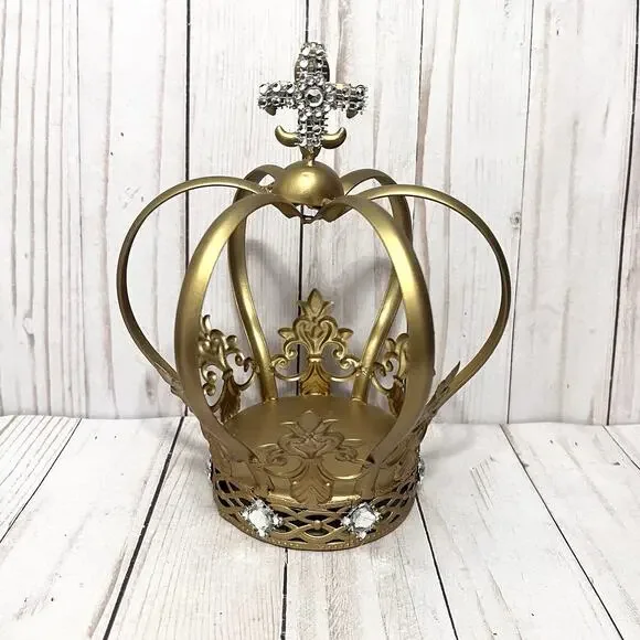 Gold Metal Crown Cake Topper Lightweight Fleur De Lis Rhinestone Design 8.5