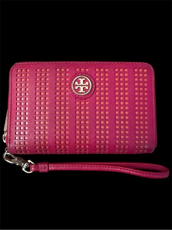Tory Burch Fuchsia Perforated Leather Wristlet Wallet with Logo Medallion