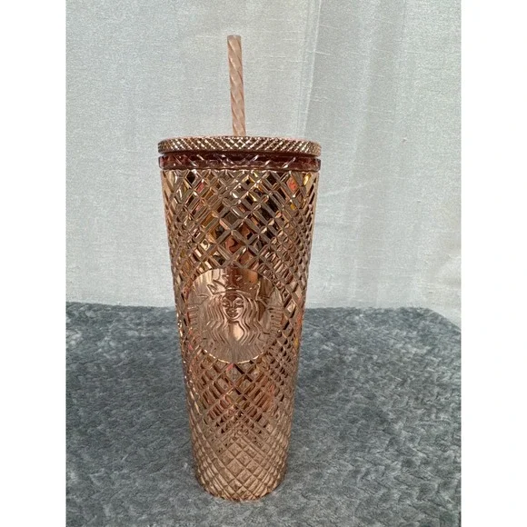 Starbucks‎ 2021 Rose Gold Copper Studded Venti Tumbler 24oz Cold Cup with Straw