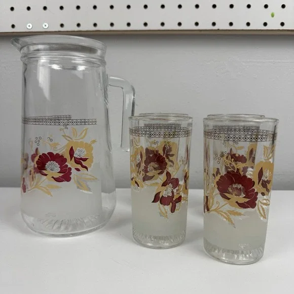 Vtg Cerve Italian frosted‎ floral glass pitcher Set 4 glasses MCM Regency Boho