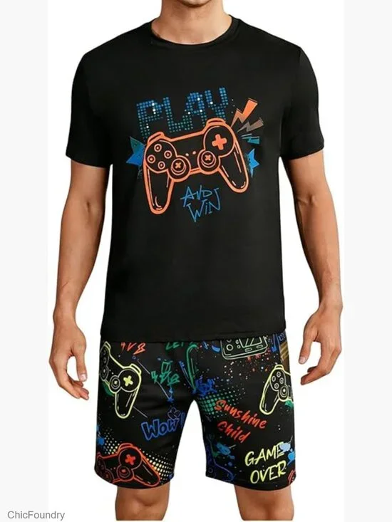 Men's Pajamas Set 2 Piece Short Sleeve Letter Print Lounge Set