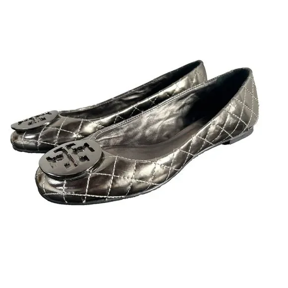 Tory Burch Quinn Pewter Metallic Quilted Leather Ballet Flats Womens Size 8.5