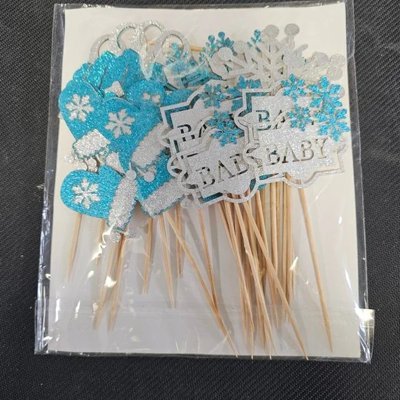 30 Pcs Winter Baby Shower Cupcake Toppers Blue‎ Silver Snowflake Glitter Picks