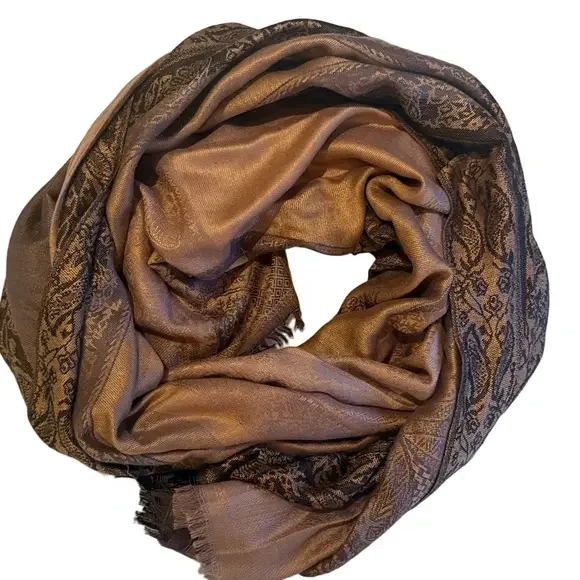 NWT 100% Pashmina Brown Tab Black Scarf