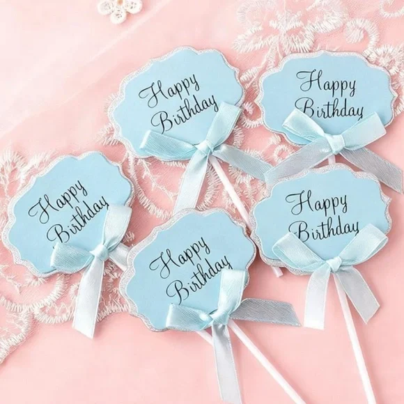 💞 New Pack of 10 Blue & Silver Glitter Happy Birthday Cupcake & Cake Toppers