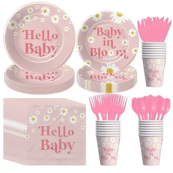 Baby Shower Decorations Tableware Daisy Party Supplies Baby Girl Serves 24 S22