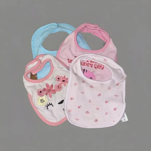 Lot Of Four Baby Girl Bibs And Three Pair Of Little Socks Mixed Brands
