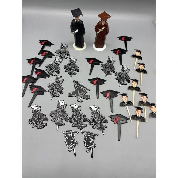 Lot Vintage Graduation Themed Cupcake Picks & Cake Toppers Set Black