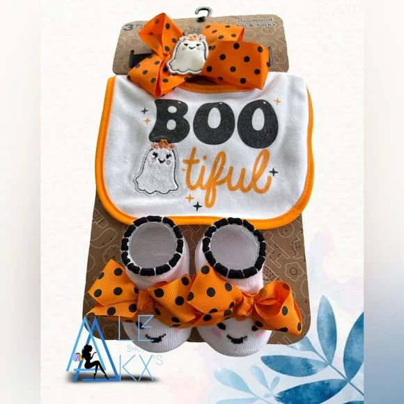 baby Halloween bib, headband, and socks set with a 