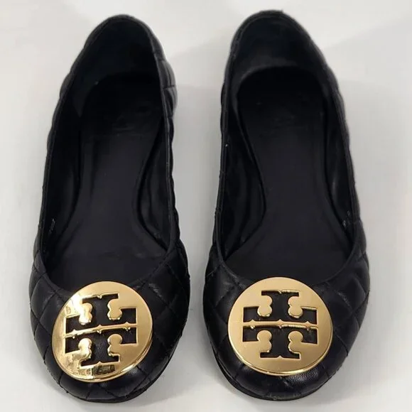 Tory Burch Quilted Leather Ballet Flats Womens Size 6 Black Ballerina Gold Logo