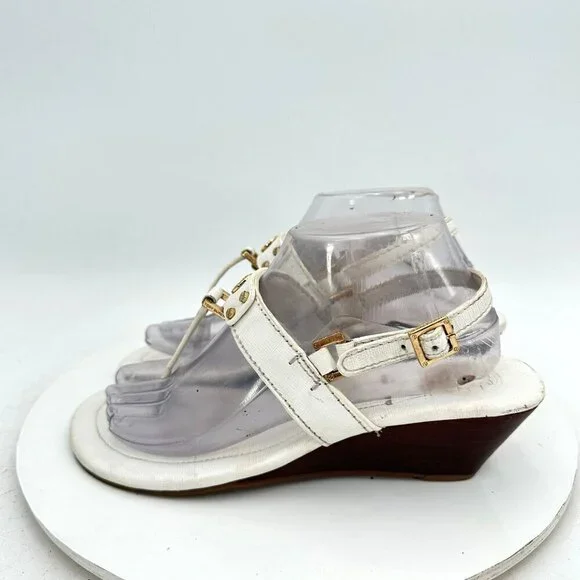 Tory Burch Women Size 8.5M White Leather Robinson T Strap Wedges Sandal