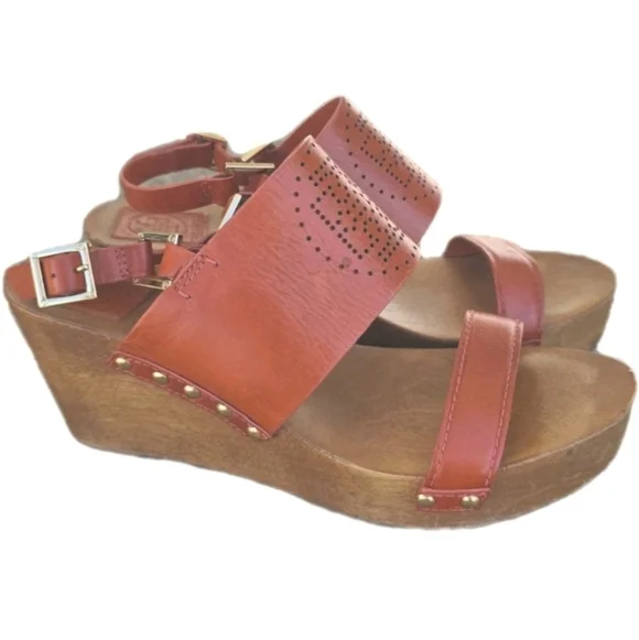 Tory Burch Womens Orange Gold Leather Wooden Wedge Sandals Size 9 Boho TN Vols