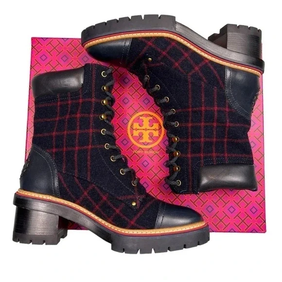 Tory Burch Womens Boots Miller 60MM Checked Wool Calf Leather Navy Size 8