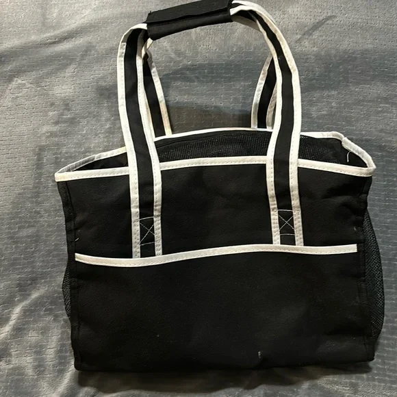 Pet Carrier Black & White Canvas Mesh Sides Zip Closure