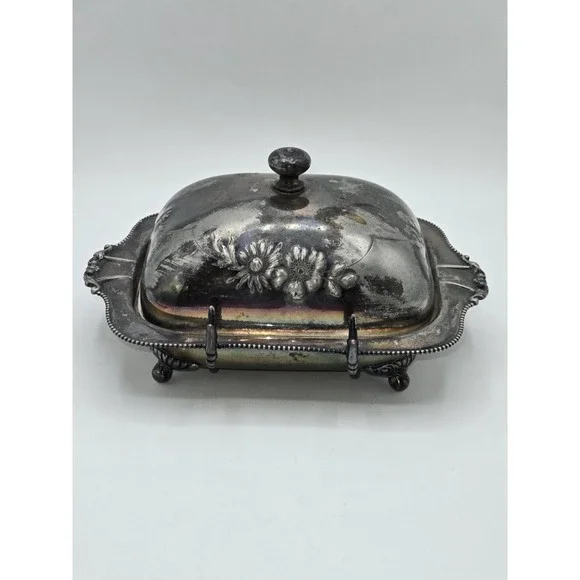 Antique Pairpoint Quadruple Plate Silverplate Covered Butter Dish Floral Lid