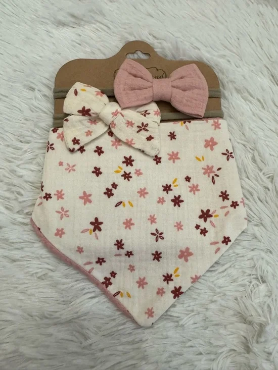 Baby Floral Pink Bandana Bib with Bow Headbands set of 3