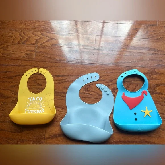 Soft Silicone Baby Bib Set - Yellow, Light Blue, Blue