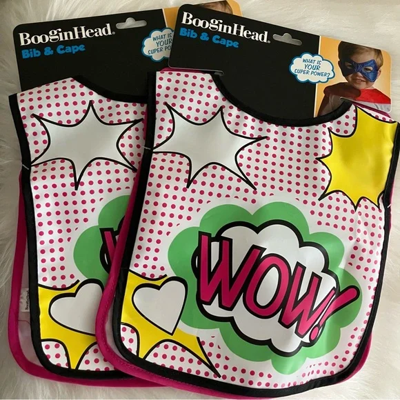 Boogin Head Girls Superhero Baby Bib & Cape - 2 Sets - Pink Yellow and Green NEW