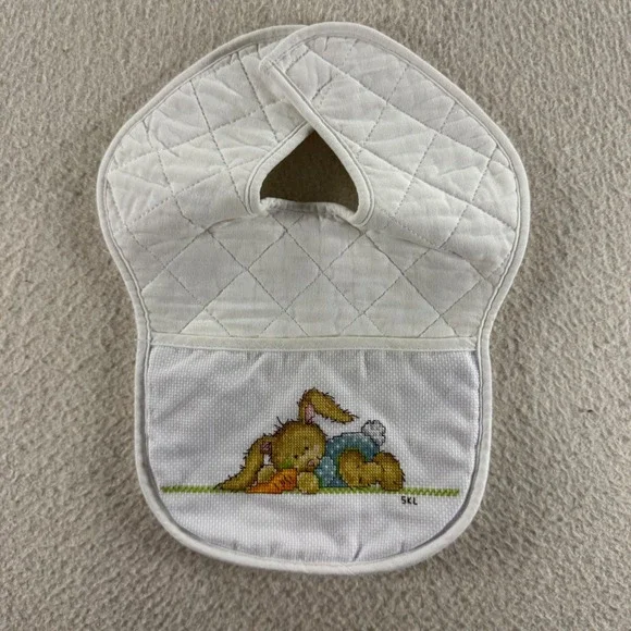 Handmade Quilted Baby Bib OS White Cross Stitch Bunny Carrot Vintage Baby Shower