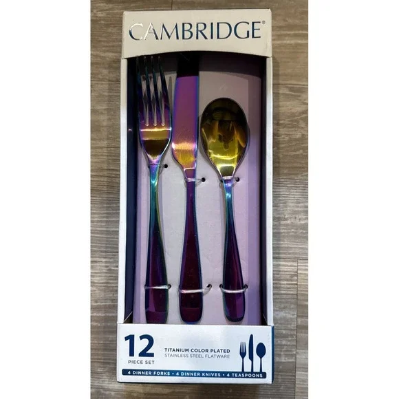 New Cambridge 12 Piece‎ Stainless Steel Rainbow Color Titanium Flatware Set