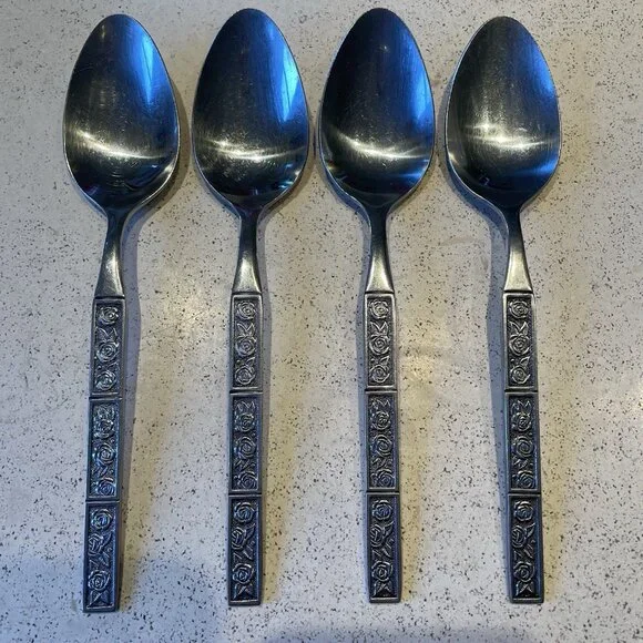 Stanley Roberts Stainless DORETTE Roses Floral Pattern 4 Table / Soup Spoons 7''